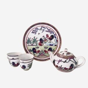 Vintage Mini Porcelain Prosperity Red Rooster Chinoiserie Famille Rose TeaSet